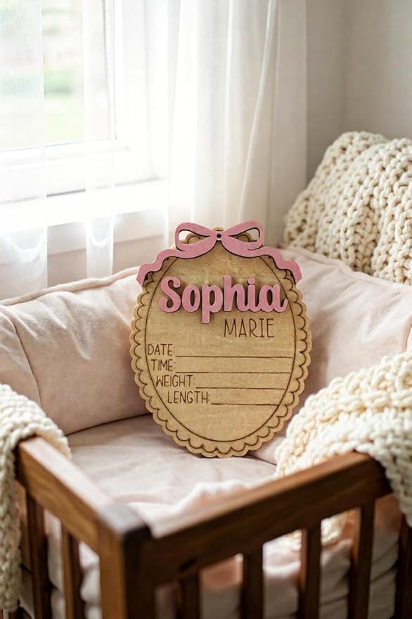 Personalized Baby Announcement Sign with Bow, Custom 3D Layered Scalloped Edge Name & Birth Stat Board for Newborn Photos (Stat Sign)