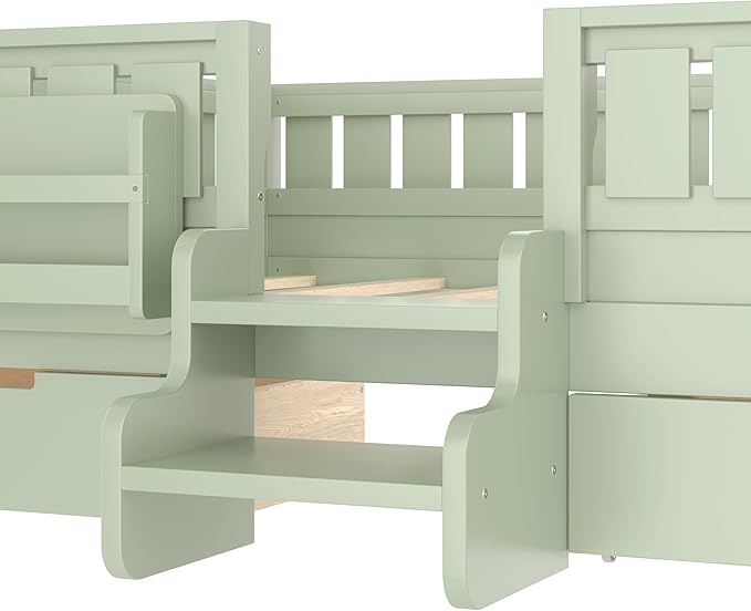 Bellemave Full Size Kids Bed with high Rails and with Built-in Bookshelf and Drawers for Kids, Girls, Boys, Wood Montessori Bed Without Door, Avocado Green