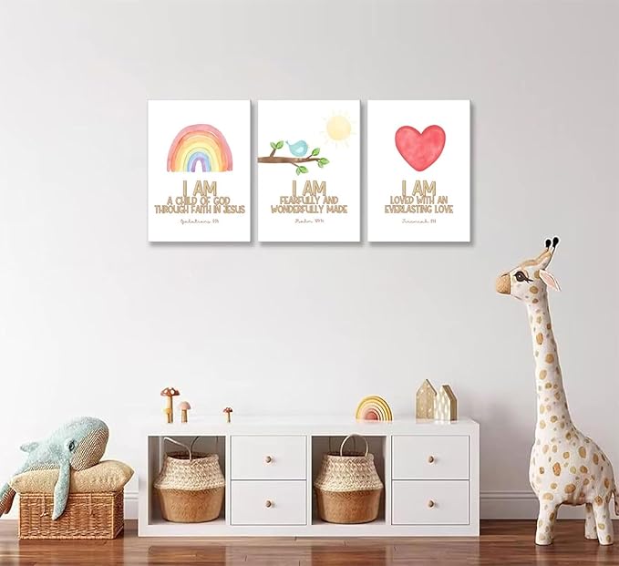 3Pcs Nursery Bible Verse Canvas Wall Art Colorful Rainbow Motivational Affirmation Wall Decor Pictures Christian Kids Scripture Introduction Posters Prints for Kids Room Nursery Home Decoration