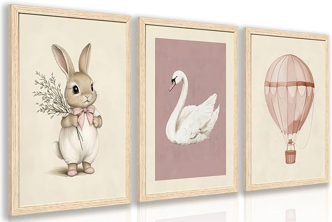 Hianan Pink Baby Girl Nursery Wall Decor Cute Bunny Wall Art Cozy Rabbit Canvas Artwork Elegant Swan Poster Prints Vintage Hot Air Balloon Painting Prints for Kid's Room Baby Room Wood Framed 12"x16"x3