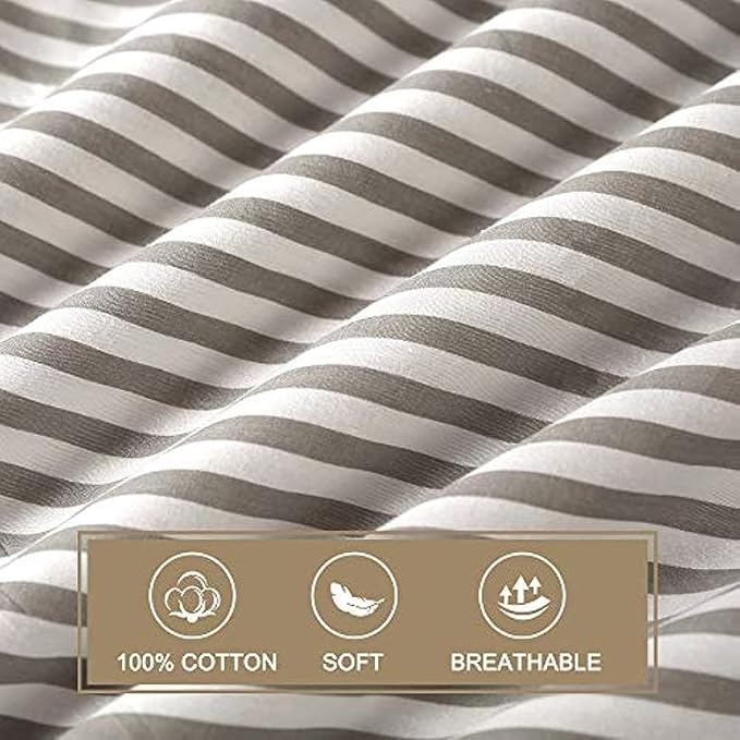 JELLYMONI Duvet Cover, 100% Natural Cotton, Printed Comforter Cover with Zipper Closure and Corner Ties (Super King Plus 120×120 Inch, White Duvet Cover Set with Grey Stripes Pattern)