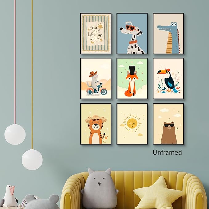 9 Pieces Nursery Animals Canvas Wall Art, Kids Room Fashion Sunglasses Dog and Bear Poster, Cute Crocodile Fox Cat and Lion Picture, Warming Sunshine Print for Baby Bedroom Playroom 8x12in Unframed