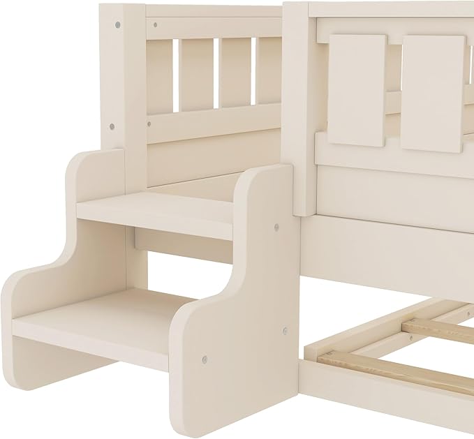 Bellemave Full Size Kids Bed with high Rails and with Built-in Bookshelf and Trundle for Kids, Girls, Boys, Wood Montessori Bed Without Door, Beige
