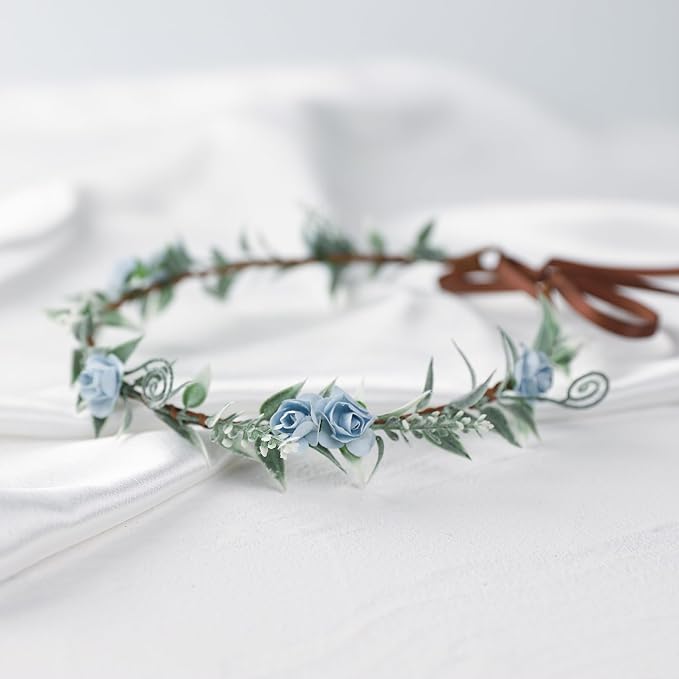 Flower Crowns for Women Girls - Handmade Fairy Wreath Renaissance Garland Bridal Cosplay DIY Halloween Christmas Maternity Shoot Vacation Photography Props Shower Blue Rose