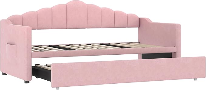 SOFTSEA Twin Velvet Daybed with Pop Up Trundle, Upholstered Extendable Corner Bed with USB Ports & Storage Pockets, Twin to King Daybed Frame with Storage for Kids Teens Adults, Pink
