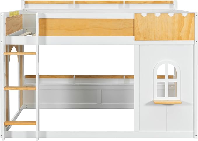 Full Over Full Bunk Bed with Storage Shelves and Window, Wood Bunk Bed Frame with 2 Doors for Kids Teens Adult Bedroom, No Spring Box Needed