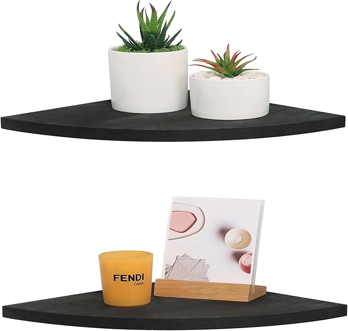 Corner Wall Shelves Set of 2, Rustic Wood Corner Floating Shelves with Cable Raceway, Wall Mount Storage Display for TV Accessories, Baby Monitor (Black, Fan-shaped-10 Inch)