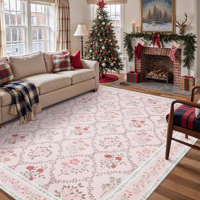 YIHOUSE Pink Floral Print Rugs, Moroccan Trellis 10x14 Washable Large Rug, Modern Pastel Non Slip Ultra-Thin Area Rug for Classroom, Nursery Playroom,Dorm,Bedroom,Living Room, Pink Multi