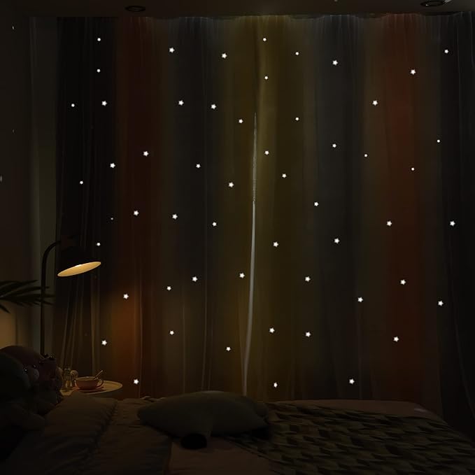 Kinryb Nursery/Kids/Girls Room Star Cut Out Blackout Rainbow Curtain with Sheer Overlay 2 Panels, Each 52 inch Wide,108 inch Length with White Gauze,Ombre Stripe Rainbow Curtains (2 Pcs,52x108 Inch)