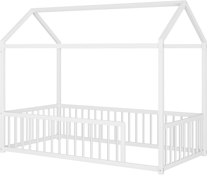 Montessori Style Metal Floor Bed Frame, House Shaped Bed with Fence for Kids and Toddlers, Easy Assemble, No Slats, Twin Size, White
