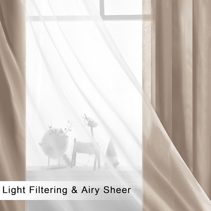 Hiasan Camel Blackout Curtains with Sheer Overlay, Grommet Thermal Insulated Privacy Mix & Match Double Layer Room Darkneing Curtains for Bedroom, Living Room, 2 Window Panels with Tiebacks, 52W X 84L