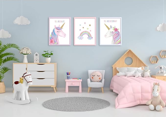 Watercolor Unicorn Nursery Wall Art Girls Room Decor Inspirational Rainbow Flower prints Baby Girls Room Poster Colorful Picture Cute Paintings for Kids Room Lovely Gift (8x10 inch，Set of 4，Unframed)