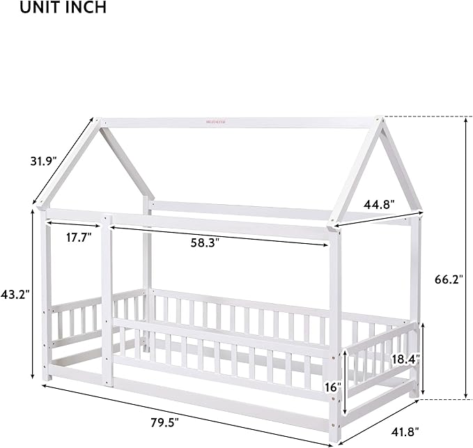 Bellemave Twin Size House Floor Bed,Wooden Montessori Bed with Fence and Roof for Kids,Twin Bed Frame for Boys,Girls(Twin,White)