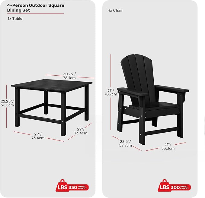 Costaelm Paradise Kids 5-Piece HDPE Outdoor Square Patio Dining Table and Chairs Set, Black