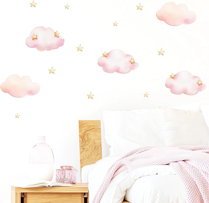 Pink Clouds and Stars Wall Stickers, sacinora Cartoon DIY Art Wall Decals Removable Vinyl Peel and Stick for Kids Baby Nursery Living Room Bedroom Children's Room Playroom Decorations