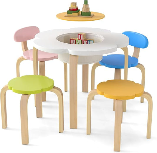 HONEY JOY Kids Table and Chair Set, Wooden Toddler Flower-Shaped Table and 4 Chairs w/Storage for Art Craft, Dining, 5-Piece Children Furniture for Daycare, Kindergarten, Playroom (Colorful + White)