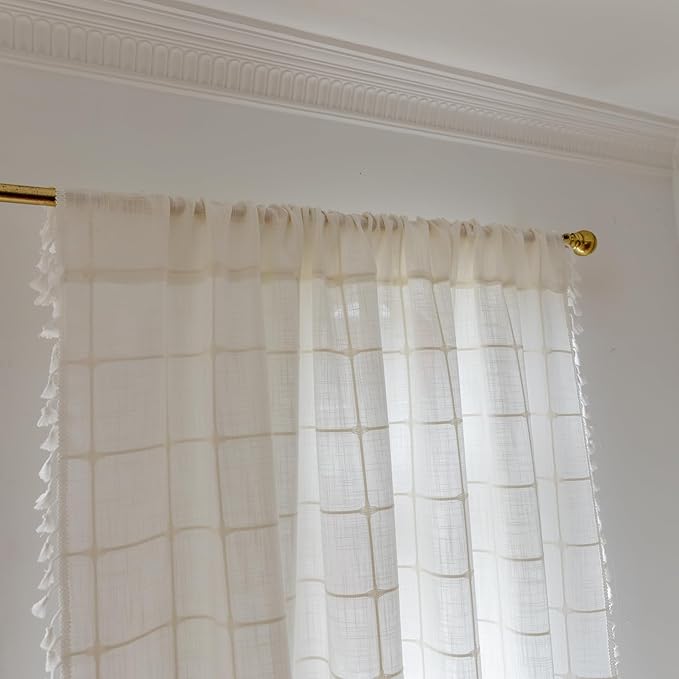 Deeprove Boho Plaid Curtains 72 inch for Home Office Kitchen Nursery, Moroccan Casual Farmhouse Tassels Window Treatment Bohemian Embroidery Drape Rod Pocket 1 Panel 52 W x 72 L, Cream White