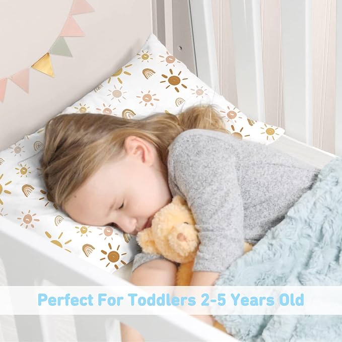 Babebay 2-Pack Toddler Pillow,13X18 Cotton Toddler Pillows for Sleeping, Machine Washable Kids Pillows with Pillowcase, Perfect for Travel, Toddlers Cot (Sunny Rainbow)