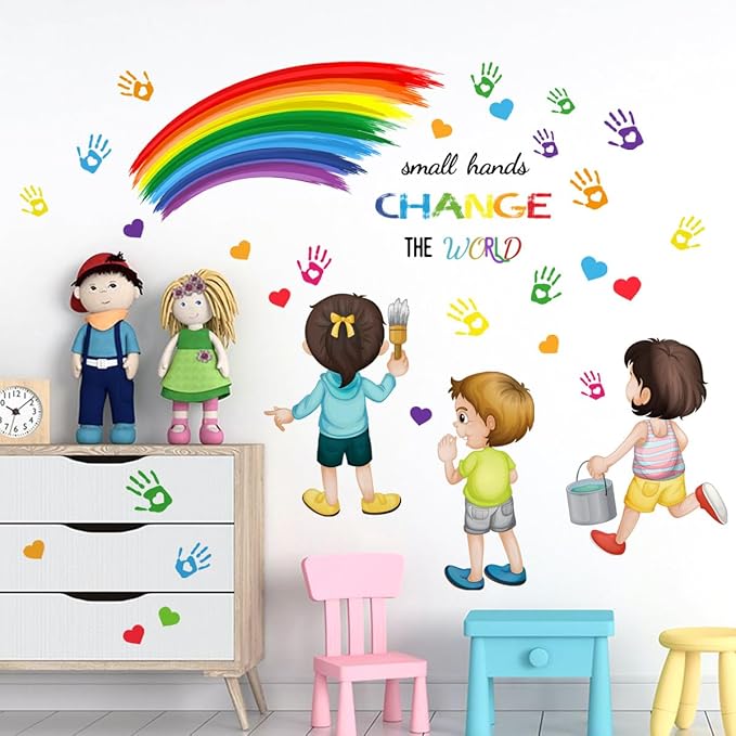 Inspirational Quote Small Hands Change The World Wall Decals Rainbow Handprints Wall Stickers for School Classroom Kids Room Nursery Playroom Library Wall Decor