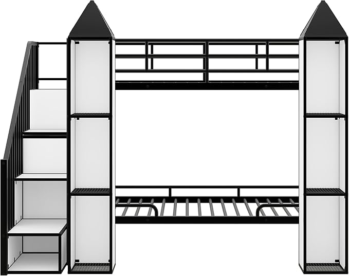 Twin Over Twin Castle-Shaped Bunk Bed with Wardrobe and Multiple Storage, Metal Bunk Bed with Storage Staircase and Safety Guardrail for Kids Teens Boys Girls Bedroom (White+Black 04)