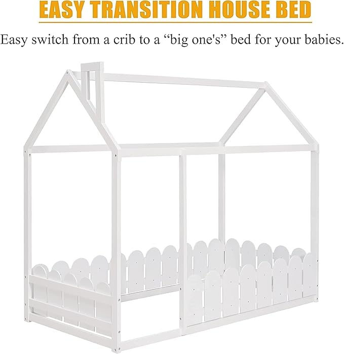 Bellemave Twin Size Kids Floor Bed Frame with Fences, Wooden House Bed with Roof Can be Decorated for Kids Girls Boys (White)