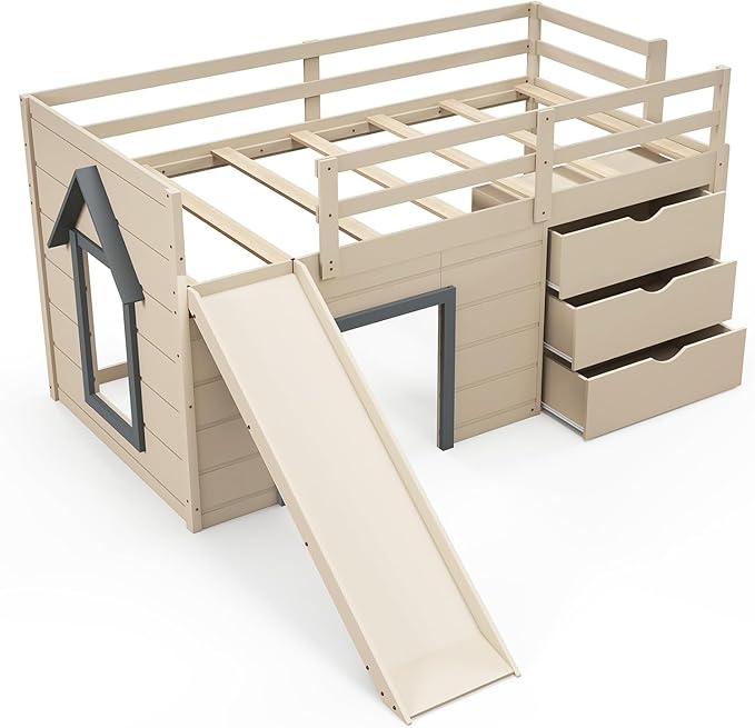 KOMFOTT Twin Low Loft Bed with 3 Storage Drawers & Underneath House, Wood Loft Bed with Slide, Ladder, Guardrails & Under-Bed Play Space, Kids Twin Loft Bed for Girls & Boys, No Box Spring Needed