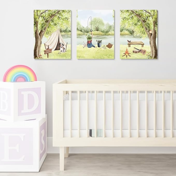Fishing Nursery Wall Decor, Woodland Camping Nursery Decor Print, Green Mountain Forest Hiking Art, Outdoor Adventure Nature Picture for Boy Room, Little Man Cave Poster, Framed Canvas, 12"x16"x3