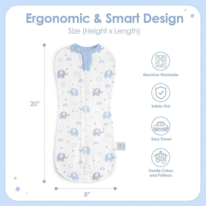 Baby Swaddle 0-2 Months, Cotton Arm-In Zipper Sleep Sack, Wearable Blankets Wrap for Newborn Infant Girls, Boys (Elephant, Star Moon, Pack of 2)