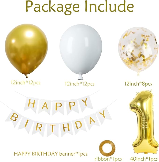 1st Birthday Decorations,40inch Gold Number 1 Balloon And Happy Birthday Banner With 12inch Metallic Gold White Confetti Balloons For One Year Old Boys Birthday Decorations