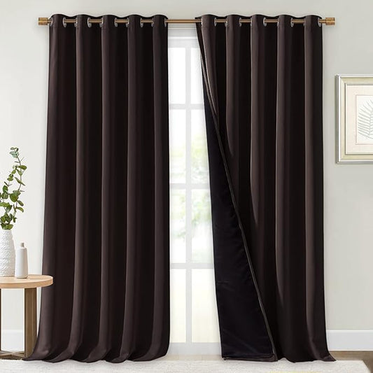 NICETOWN Full Shading Curtains for Windows, Brown, Pack of 2, 62 inches W x 95 inches L, Super Heavy-Duty Black Lined Blackout Curtains for Bedroom, Privacy Assured Window Treatment