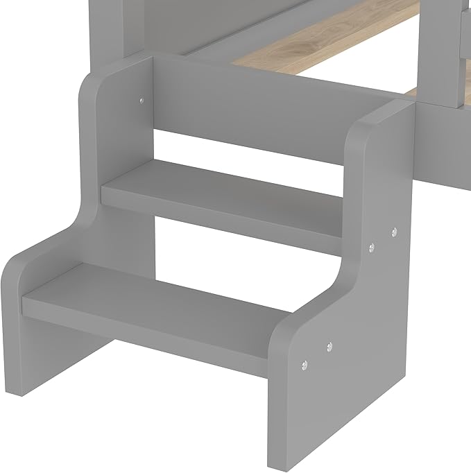 Bellemave Twin House Bed with Rails or guardrails and Bookcase, Wooden Twin House Shape Platform Bed for Boys, Girls, Teens, Gray