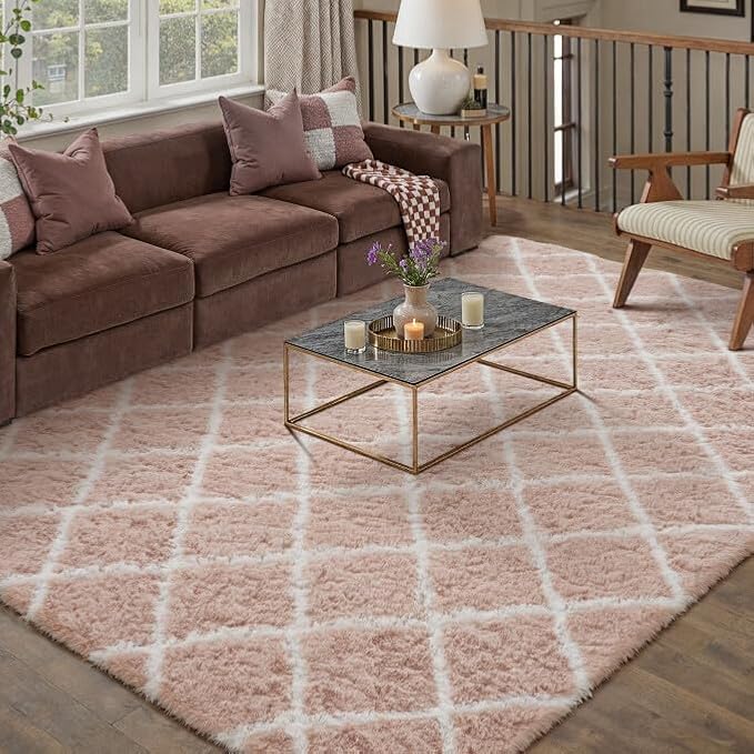 6x9 Checkered Rug for Living Room Pink and White Modern Soft Area Rug Fluffy Non-Slip Carpet for Bedroom Playroom Home Aesthetic Decor