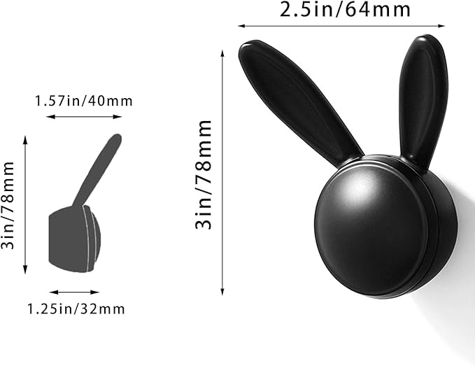 3 Pack Heavy Duty Metal Wall Hooks - Decorative Cute Rabbit Shaped Coat Hooks, Multi-Color Rustproof Bathroom/Bedroom/Entryway Towel Hooks for Towels, Coats, Keys (Matt Black, Large Size)