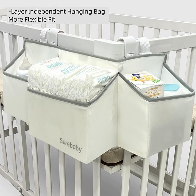Hanging Baby Diaper Caddy, 3-in-1 Diaper Caddy Organizer Holder For Baby Crib, Nursery Organization Diaper Stacker Storage For Crib, Changing Table, Car, Wall-White