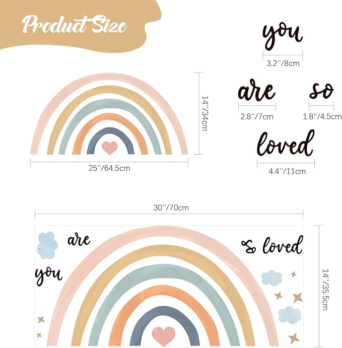 Containlol Rainbow Wall Decals, Playroom Wall Decor for Girl Room, Watercolor Peel and Stick Wallpaper, Boho Wallpaper 30 x 14 Inch Heart Art Stickers for Toddler Bedroom Nursery(Blue Pink,Cute)