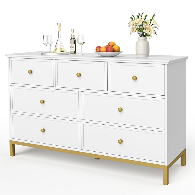 Pamapic Modern 7-Drawer White Dresser,47" White Wooden Dresser for Bedroom, Storage Organizer with Deep Drawers & Metal Handles for Bedroom, Entryway, Hallway