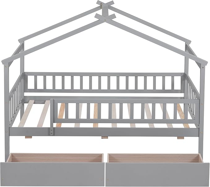 Merax Twin Size Wooden House Bed with Two Drawers, Wood Bed Frame with Roof and Safety Guardrail for Kids, Teens, Boys or Girls, Gray