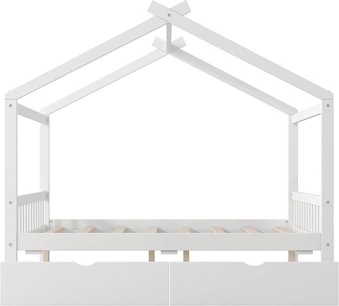 Harper & Bright Designs Full Size House Bed Frame for Kids, Wood Playhouse Platform Bed Frame with Two Drawers and Fence, Roof Design, White