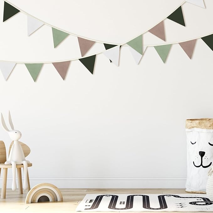 VitalCozy 17 ft Pennant Banner Flags 2 Pcs Boho Nursery Garland 5 Inch Triangle Bunting Banners Double Side Nursery Decoration for Boy Girl Toddler Baby Shower Birthday Wedding Party(Neutral Colors)