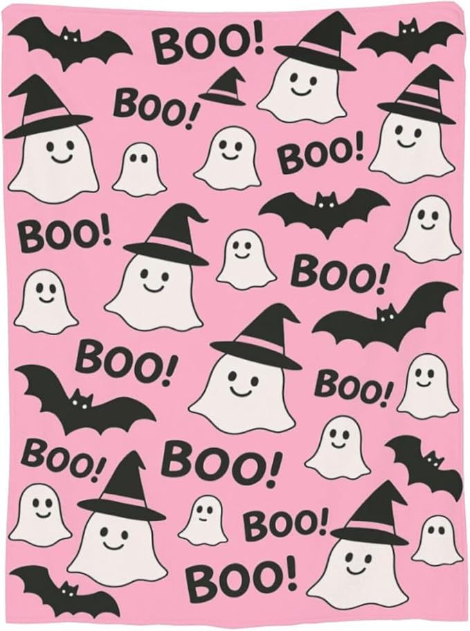 Halloween Pink Throw Blanket Cute Ghost Bat Blanket Soft Cozy Fleece Fuzzy Plush Warm Stuff Bedding Blankets for Women Girls Kids Adult Men 40"x50"