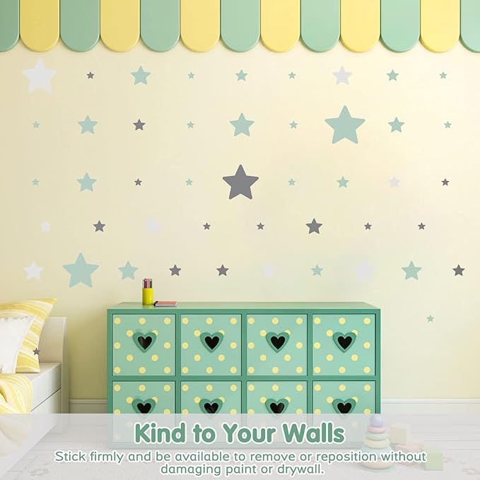 Stars Wall Stickers Removable, Vinyl Stars Wall Decals Peel and Stick, Green and Grey Tone Stars Wall Stickers for Living Room Decoration