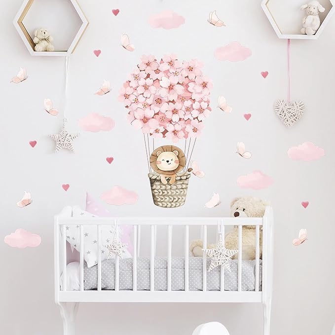Cute Lion Cub Hot Air Balloon Wall Stickers, sacinora Pink Butterfly Cloud Love Heart DIY Wall Decals Removable Vinyl Peel and Stick for Kids Baby Girl Nursery Bedroom Toddler Room Art Decorations