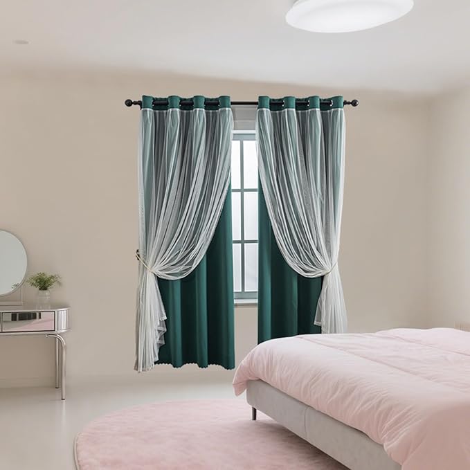 Anytime Home Curtains Blackout and Sheer Layered Solid Window Curtain Panel Pair with Grommet Top, 52Wx72L,Dark Green