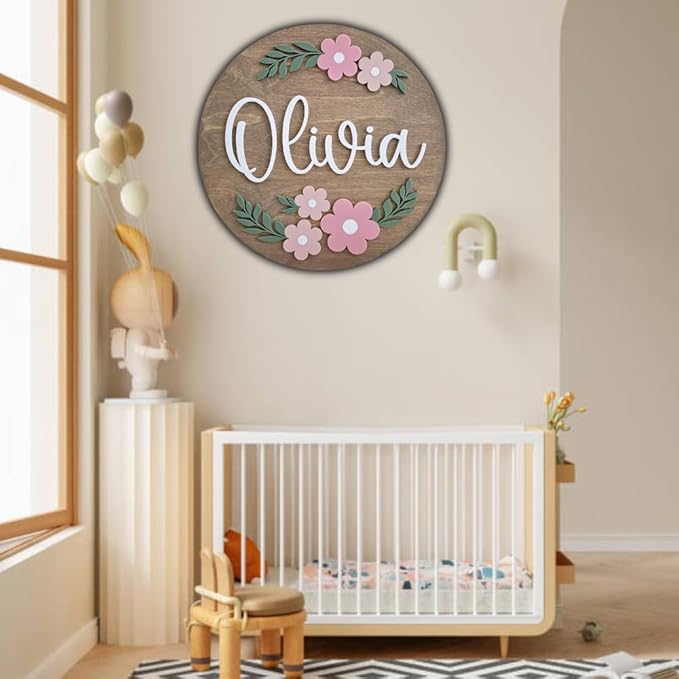 Personalized Wooden Name Sign - Custom Baby Name Signs for Nursery & Kids Room, Baby Announcement Sign, Wall Name Signs Personalized, Round Wooden Letters for Nursery Decor (Design 2)