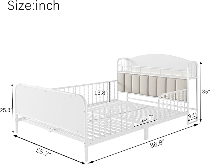Ball & Cast Full Size Toddler Bed W/LED Light,Metal Bed W/Linen Fabric Upholstered Storage Headboard,Platform Bed Frame W/Safety Guardrails & Low Profile Design,for Boys Girls,White