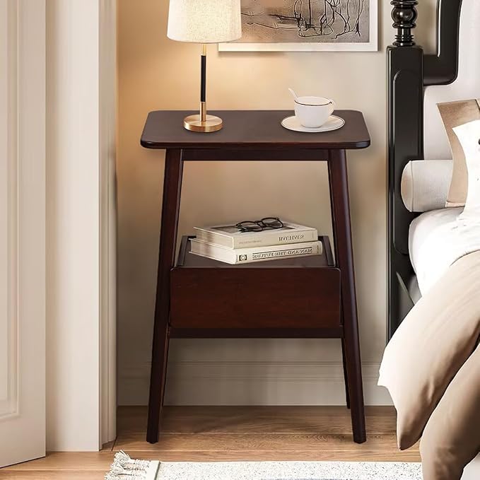 Night Stand with Drawer, Mid Century Modern Nightstand, Bedside Tables with Open Storage Shelf,Large Storage End Table, Bamboo Night Stands for Bedrooms