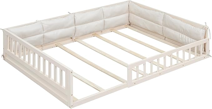 Full Size Upholstered Floor Bed with Guardrail, Montessori Platform Bed Frame for Kids and Toddlers, Wood Slat Support, No Box Spring Needed (Beige + Solid Wood+MDF + Full)