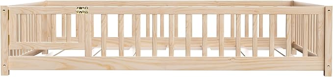 i-POOK Full Floor Bed for Children, Sturdy Wood Montessori Bed Frame with Wood Slats, Fence & Door, Montessori Floor Bed for Girls and Boys, Natural (with Bed Slats)
