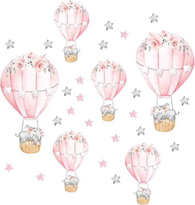 6 Pink Hot Air Balloons Sleeping Baby Elephants Stars Wall Stickers, sacinora Cute Art Wall Decals Removable Vinyl Peel and Stick for Kids Baby Girl Nursery Bedroom Toddler Room Decorations