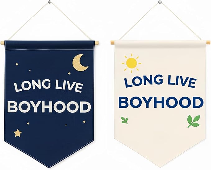 Long Live Boyhood Banner – Double Sided Day & Night Linen-Look Canvas Wall Hanging Flag for Boys Room Decor, Toddler Nursery, Kids Playroom, Bedroom Pennant